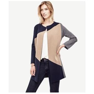 Ann Taylor Navy Gray Camel Colorblock Sweater Jacket Coat Size M